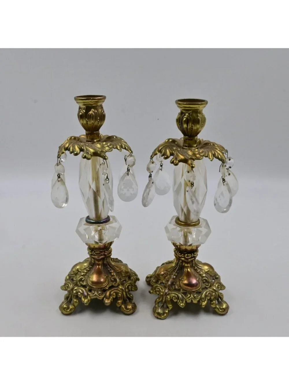 Hollywood Regency Style Ornate Gold cast Brass Candlestick Holders 2 Vintage - Picture 2 of 13